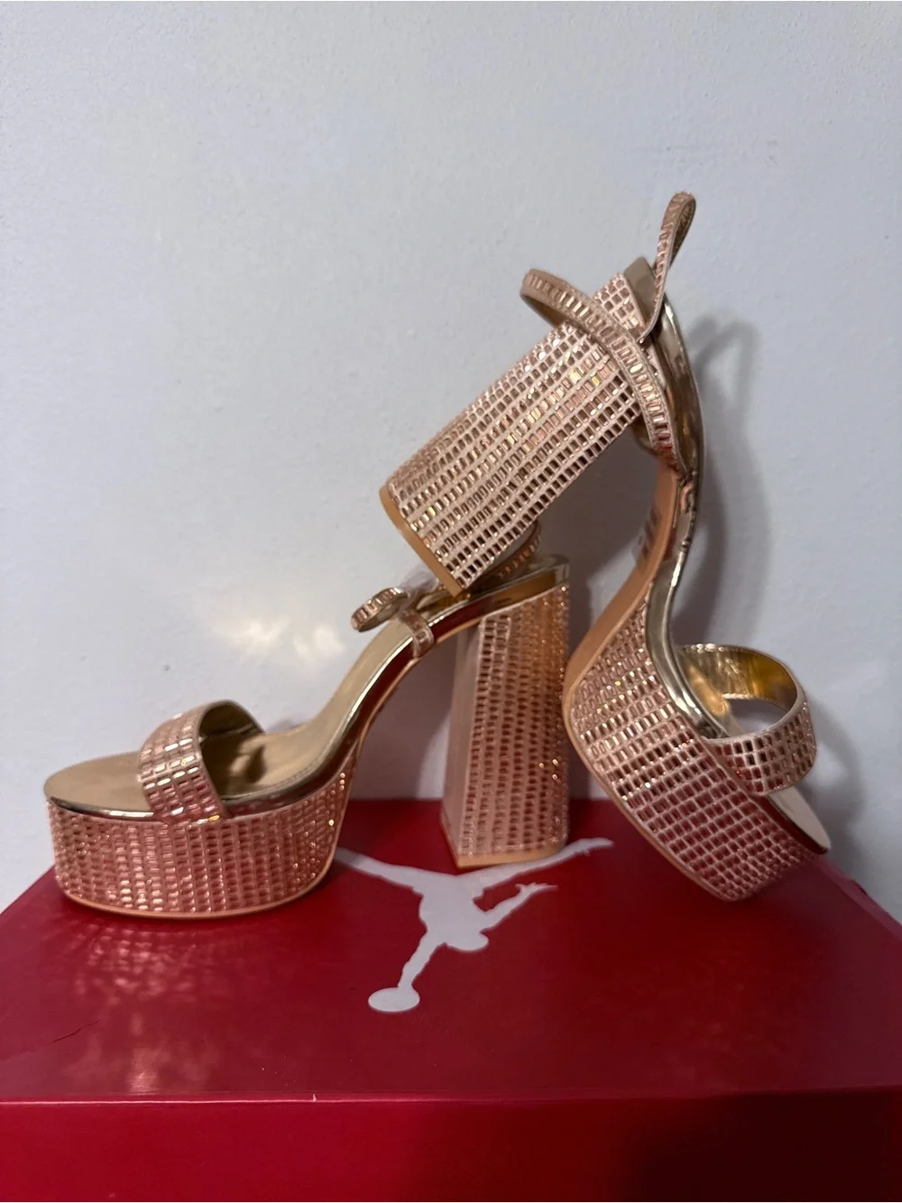 Shimmery Rose Gold Platform Block Heel Sandals for Women